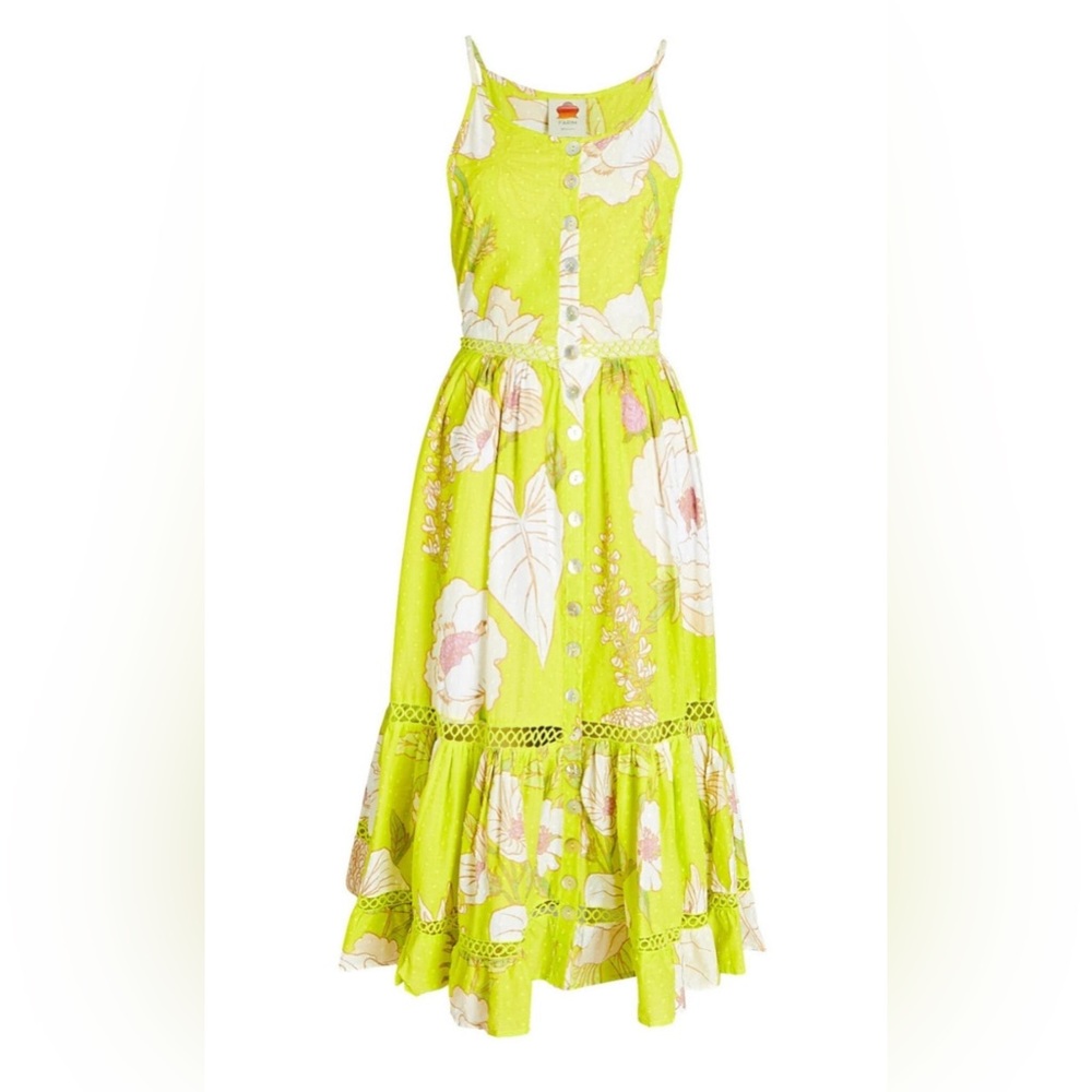 Farm Rio NWT Neon Garden Cotton Midi Dress Floral Summer Yellow Sz XS $235 - Picture 2 of 15